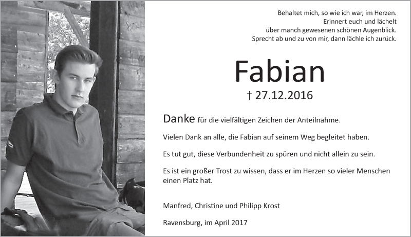  Traueranzeige für Fabian Krost vom 15.04.2017 aus Schwäbische Zeitung