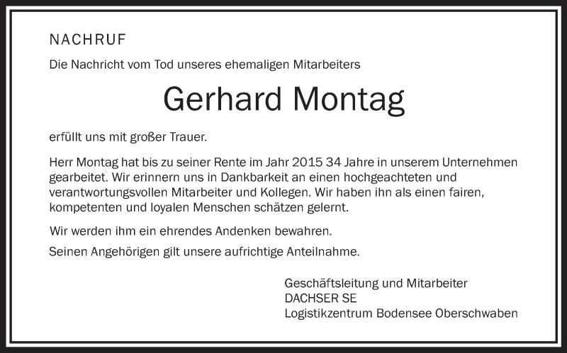  Traueranzeige für Gerhard Montag vom 12.04.2017 aus Schwäbische Zeitung