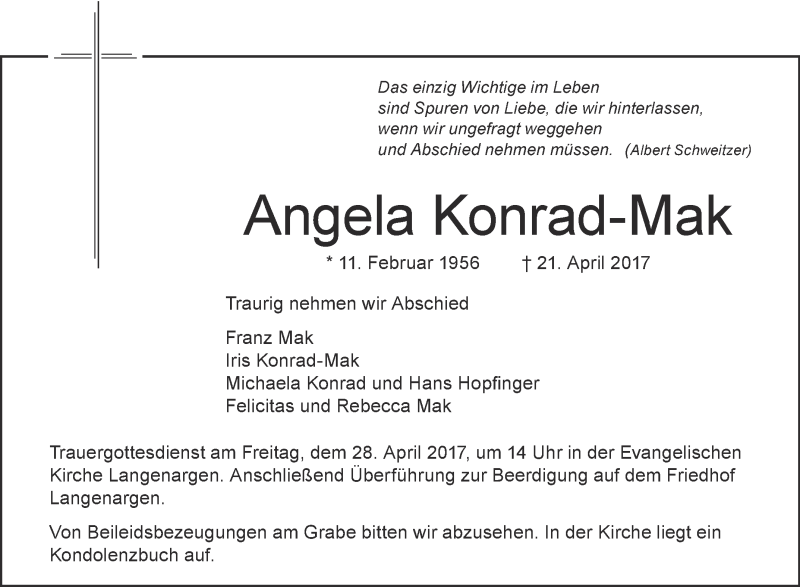  Traueranzeige für Angela Konrad-Mak vom 25.04.2017 aus Schwäbische Zeitung