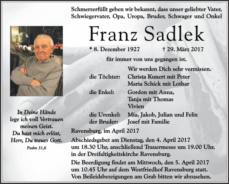  Traueranzeige für Franz Sadlek vom 01.04.2017 aus Schwäbische Zeitung