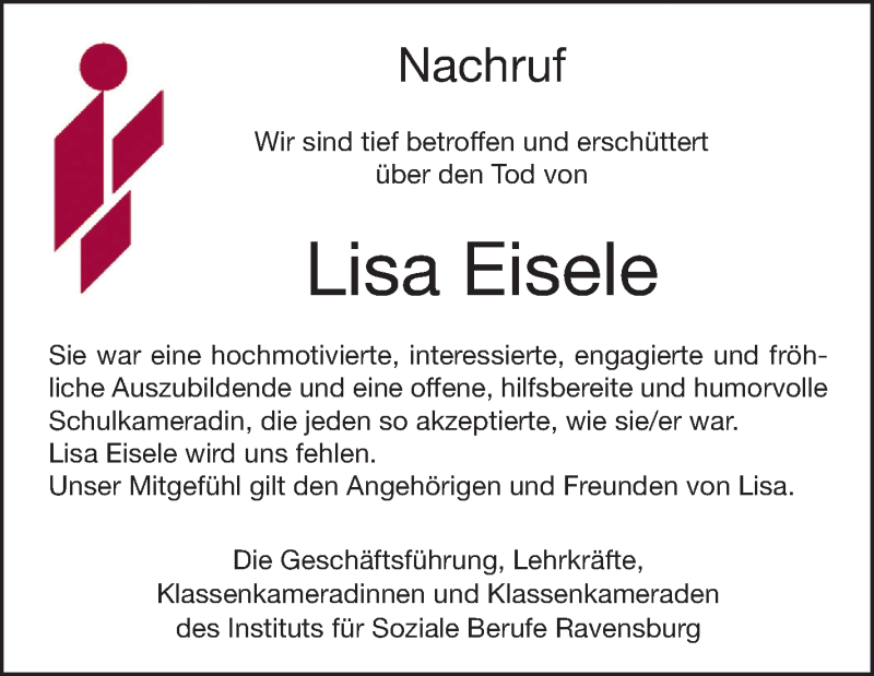  Traueranzeige für Lisa Eisele vom 26.04.2017 aus Schwäbische Zeitung