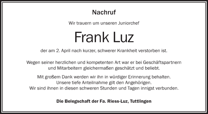  Traueranzeige für Frank Luz vom 07.04.2017 aus Schwäbische Zeitung