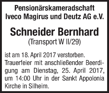 Anzeige von Bernhard Schneider von Schwäbische Zeitung