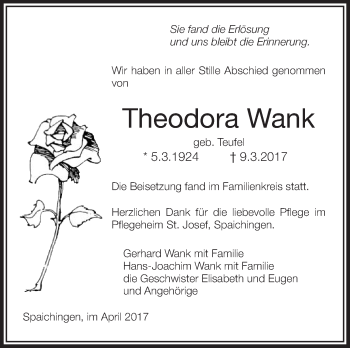 Anzeige von Theodora Wank von Schwäbische Zeitung
