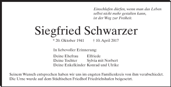 Anzeige von Siegfried Schwarzer von Schwäbische Zeitung