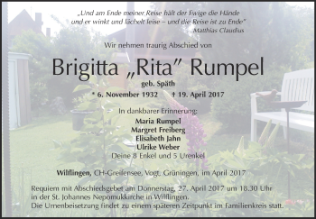 Anzeige von Brigitta  Rumpel von Schwäbische Zeitung