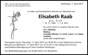 Anzeige von Elisabeth Raab von Schwäbische Zeitung