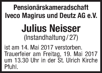 Anzeige von Julius Neisser von Schwäbische Zeitung