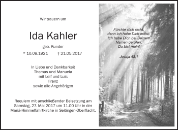 Anzeige von Ida Kahler von Schwäbische Zeitung