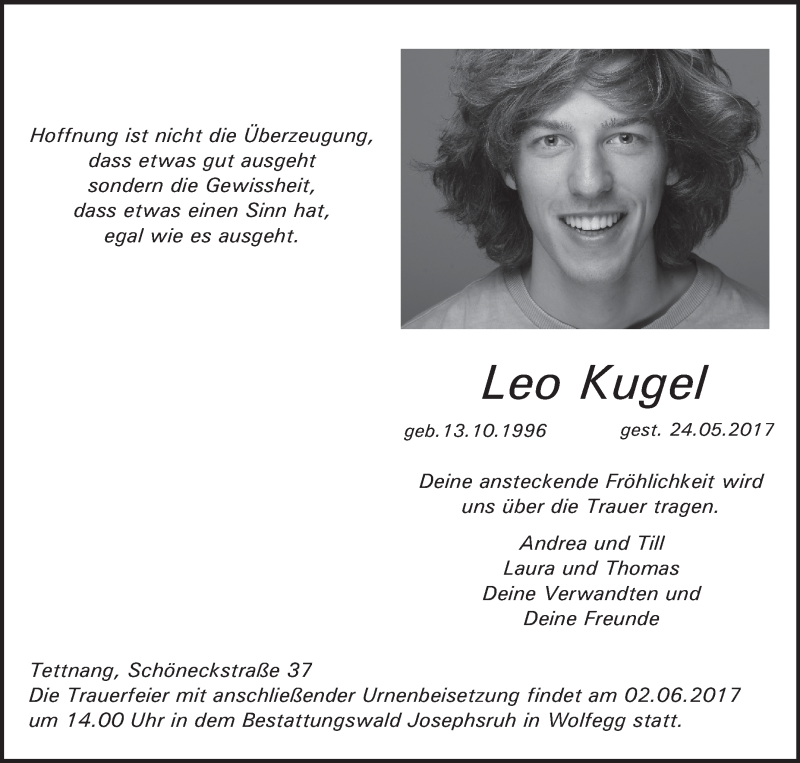  Traueranzeige für Leo Kugel vom 29.05.2017 aus Schwäbische Zeitung