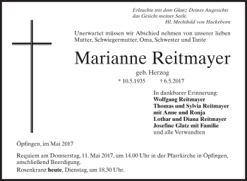Anzeige von Marianne Reitmayer von Schwäbische Zeitung