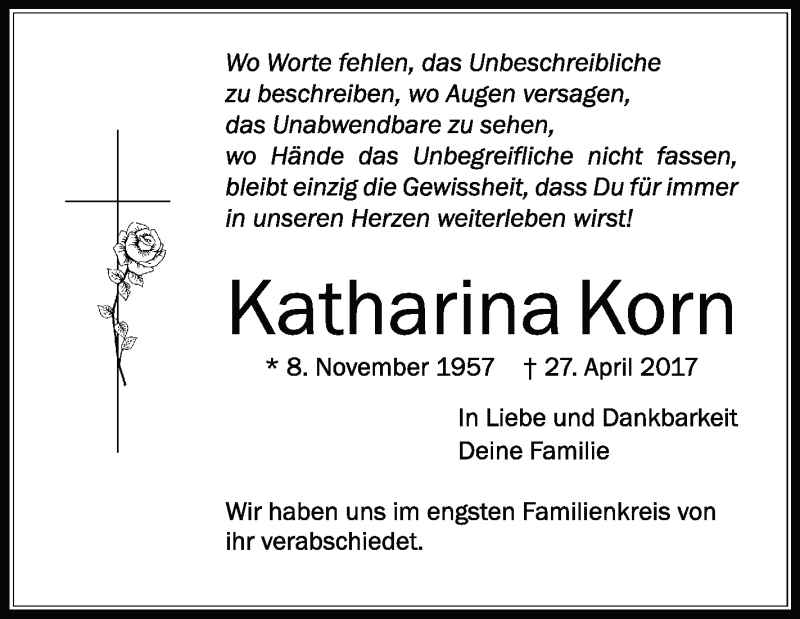  Traueranzeige für Katharina Korn vom 13.05.2017 aus Schwäbische Zeitung