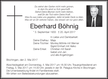 Anzeige von Eberhard Böhnig von Schwäbische Zeitung