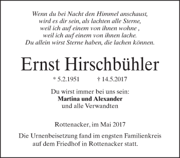 Anzeige von Ernst Hirschbühler von Schwäbische Zeitung