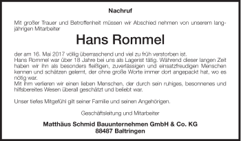 Anzeige von Hans Rommel von Schwäbische Zeitung