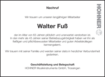 Anzeige von Walter Fuß von Schwäbische Zeitung