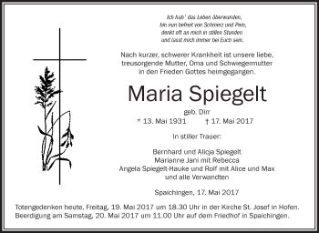 Anzeige von Maria Spiegelt von Schwäbische Zeitung