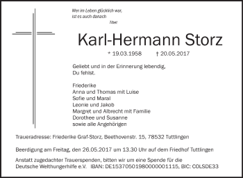 Anzeige von Karl-Hermann Storz von Schwäbische Zeitung