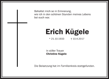 Anzeige von Erich Kügele von Schwäbische Zeitung
