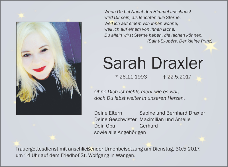  Traueranzeige für Sarah Draxler vom 27.05.2017 aus Schwäbische Zeitung