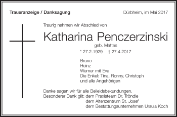 Anzeige von Katharina Penczerzinski von Schwäbische Zeitung