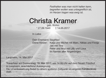 Anzeige von Christa Kramer von Schwäbische Zeitung
