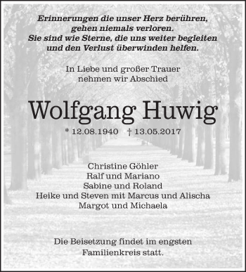 Anzeige von Wolfgang Huwig von Schwäbische Zeitung