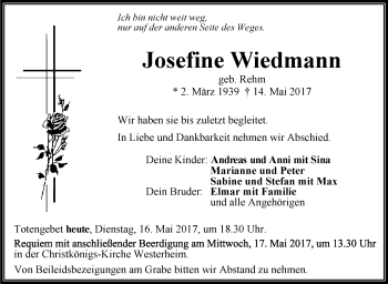 Anzeige von Josefine Wiedmann von Schwäbische Zeitung