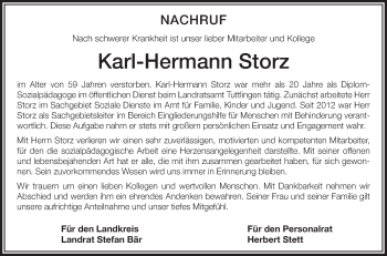 Anzeige von Karl-Hermann Storz von Schwäbische Zeitung