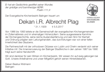 Anzeige von Albrecht Plag von Schwäbische Zeitung