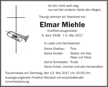 Anzeige von Elmar Miehle von Schwäbische Zeitung