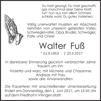 Anzeige von Walter Fuß von Schwäbische Zeitung