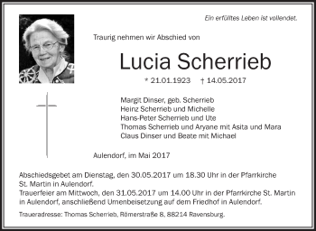 Anzeige von Lucia Scherrieb von Schwäbische Zeitung