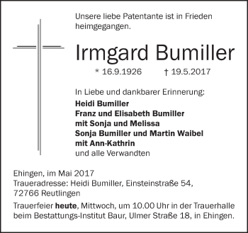 Anzeige von Irmgard Bumiller von Schwäbische Zeitung