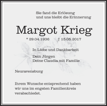 Anzeige von Margot Krieg von Schwäbische Zeitung