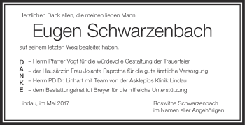 Anzeige von Eugen Schwarzenbach von Schwäbische Zeitung