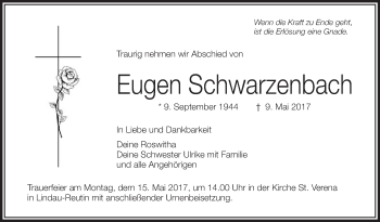 Anzeige von Eugen Schwarzenbach von Schwäbische Zeitung