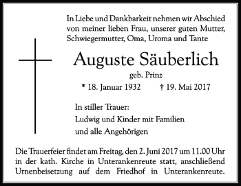 Anzeige von Auguste Säuberlich von Schwäbische Zeitung