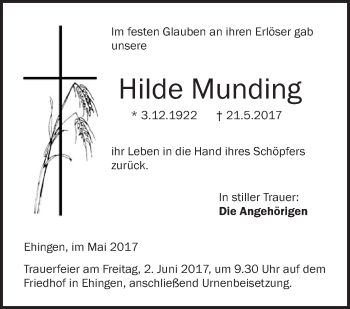Anzeige von Hilde Munding von Schwäbische Zeitung