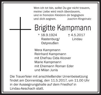 Anzeige von Brigitte Kampmann von Schwäbische Zeitung