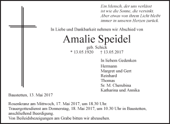 Anzeige von Amalie Speidel von Schwäbische Zeitung