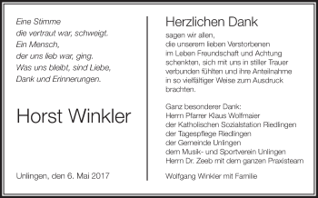 Anzeige von Horst Winkler von Schwäbische Zeitung