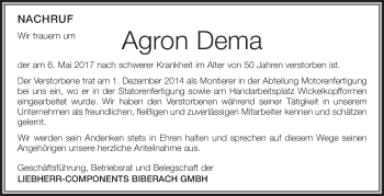 Anzeige von Agron Dema von Schwäbische Zeitung