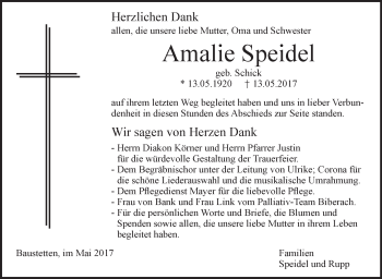 Anzeige von Amalie Speidel von Schwäbische Zeitung