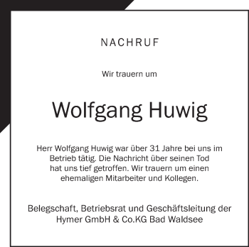 Anzeige von Wolfgang Huwig von Schwäbische Zeitung