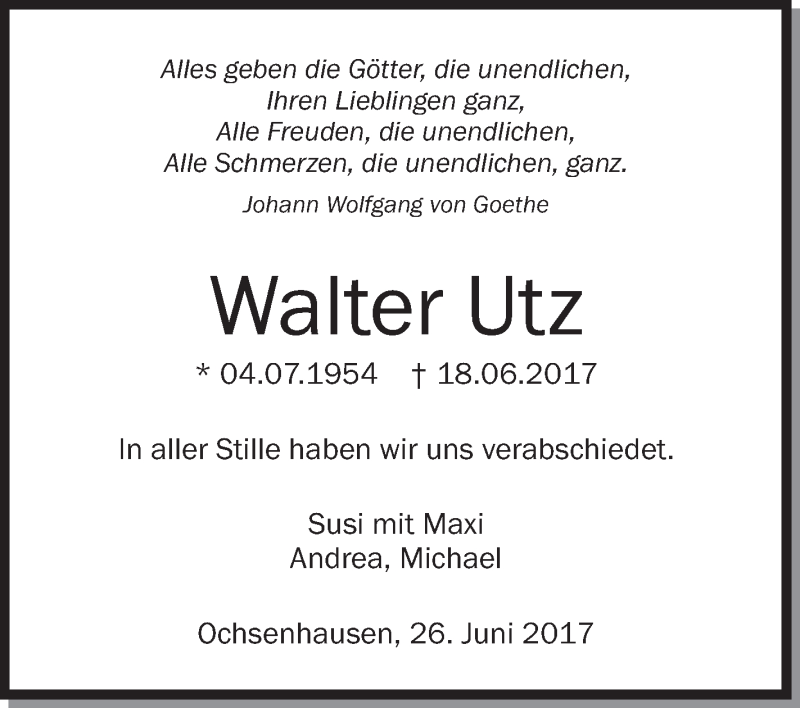  Traueranzeige für Walter Utz vom 27.06.2017 aus Schwäbische Zeitung