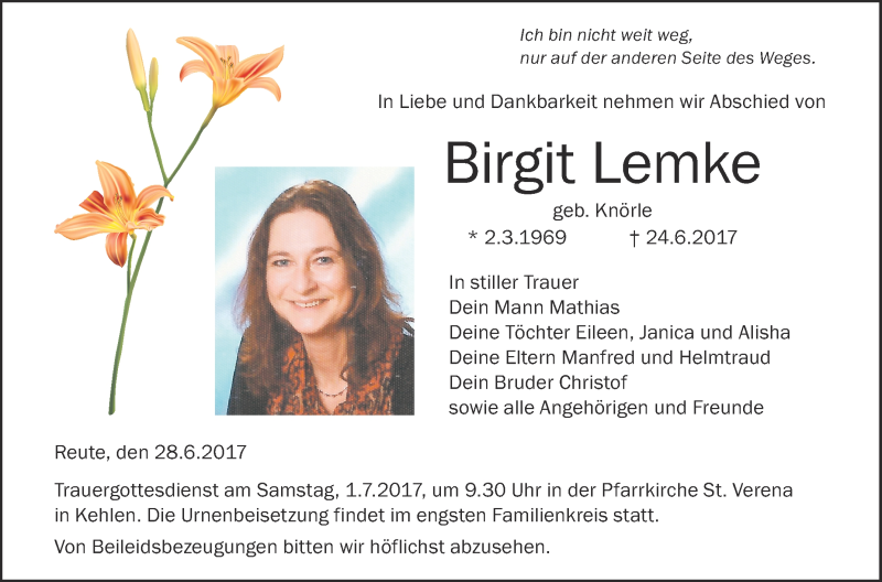  Traueranzeige für Birgit Lemke vom 28.06.2017 aus Schwäbische Zeitung