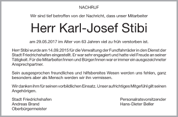 Anzeige von Karl-Josef Stibi von Schwäbische Zeitung