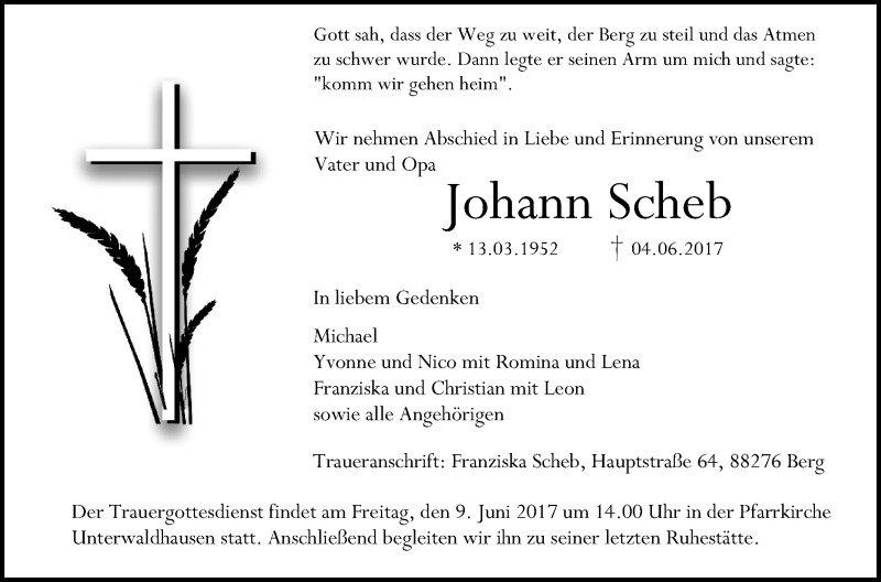 Traueranzeigen Von Johann Scheb | Schwaebische.de Trauerportal