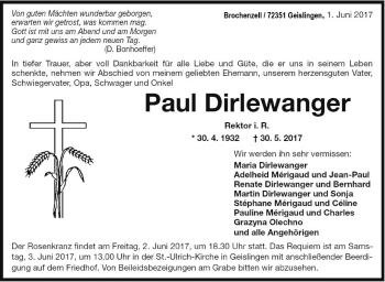 Anzeige von Paul Dirwanger von Schwäbische Zeitung